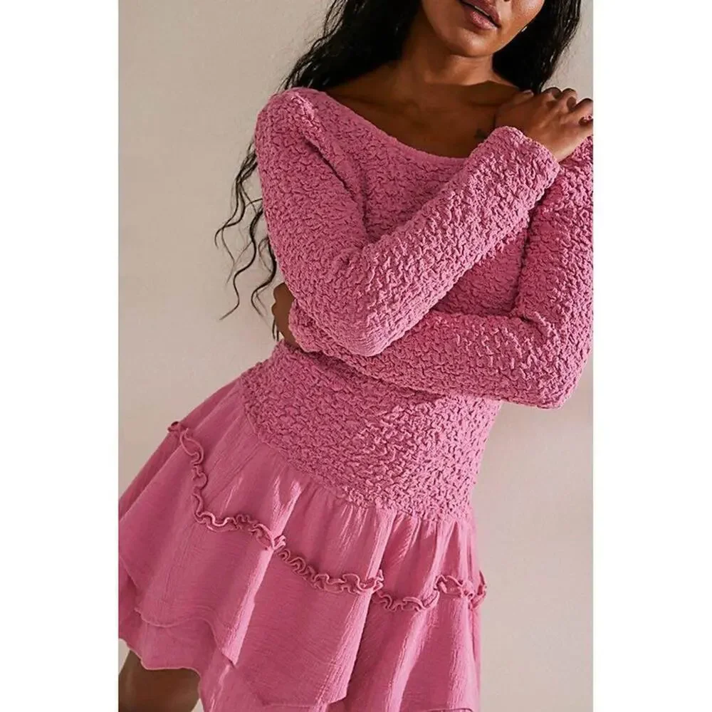 Free People Small Pink What A Time Drop-Waist Crinkle Stretchy Mini Dress